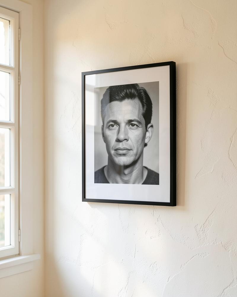 A black framed portrait photograph on a warm white wall