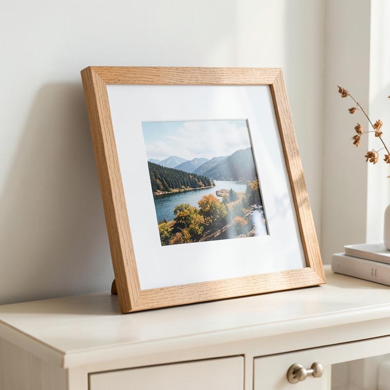 An oak frame with a wide white mat resting on a console table