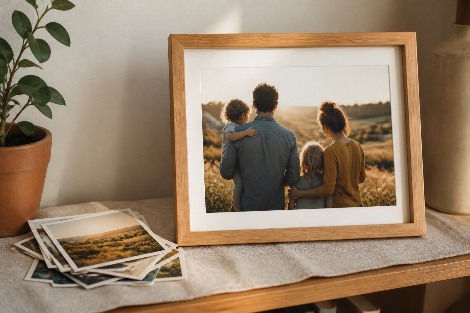 A family photograph prepared for a warm wood frame
